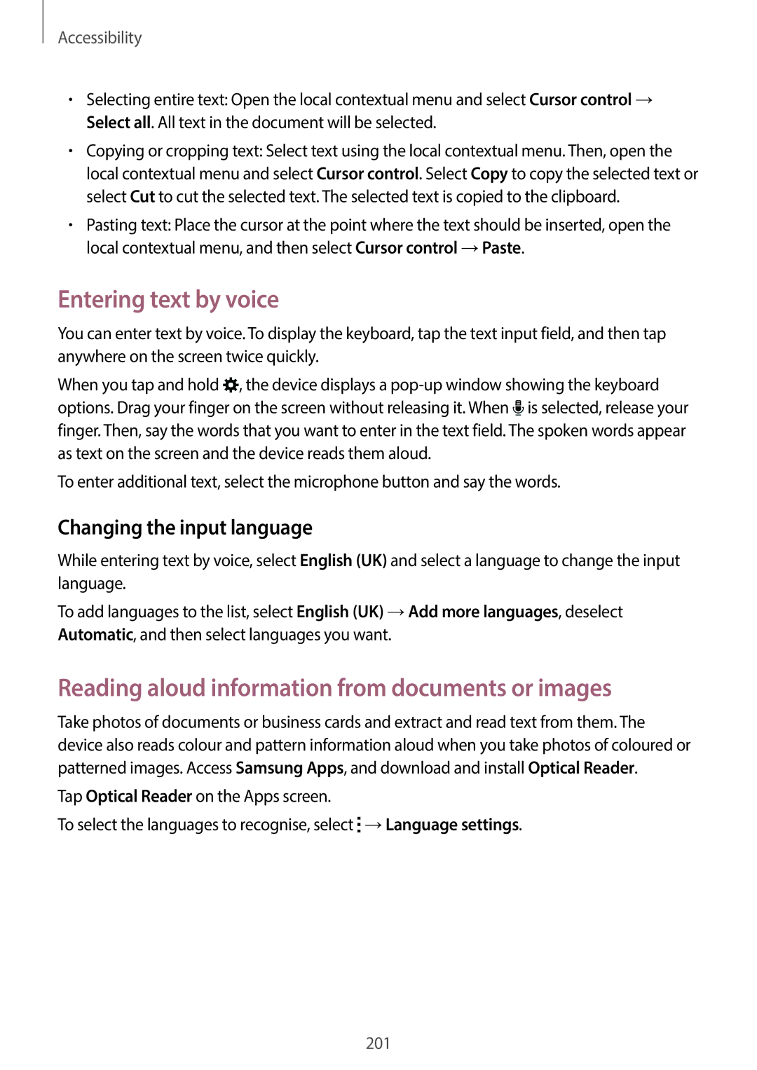 Samsung SM-C1110ZKAXXV, SM-C1110ZWAXXV manual Entering text by voice, Reading aloud information from documents or images 