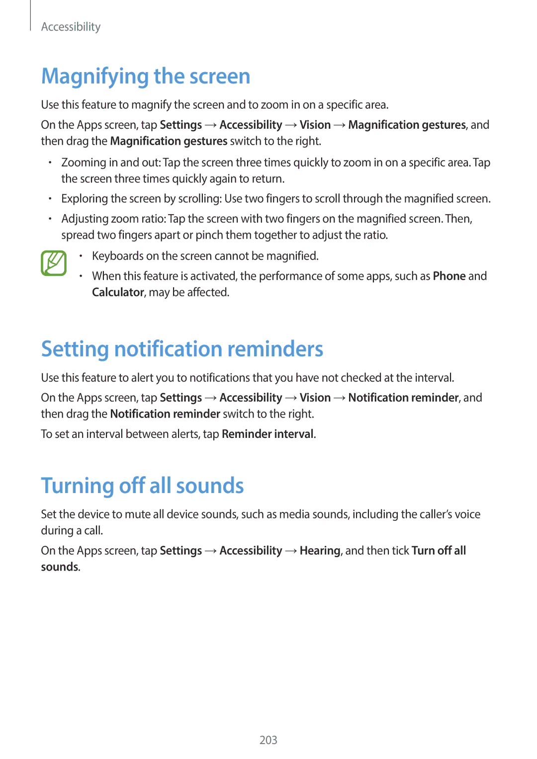 Samsung SM-C1110ZBAXXV, SM-C1110ZKAXXV manual Magnifying the screen, Setting notification reminders, Turning off all sounds 