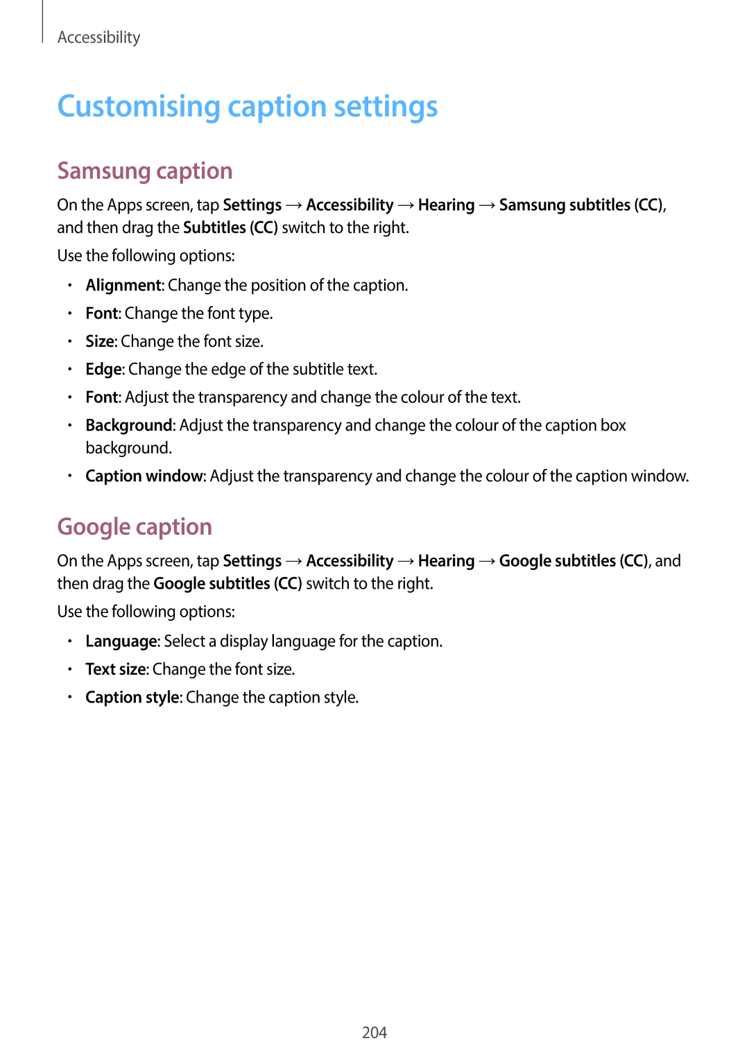 Samsung SM-C1110ZKAXXV, SM-C1110ZWAXXV, SM-C1110ZBAXXV manual Customising caption settings, Samsung caption, Google caption 