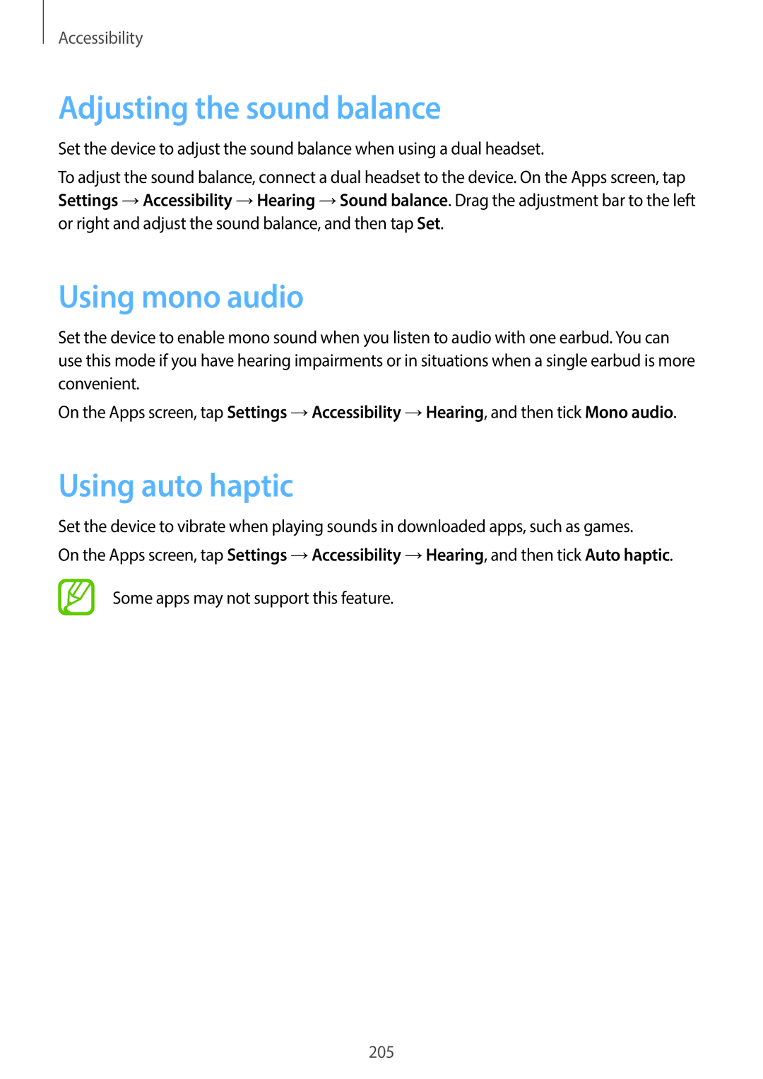 Samsung SM-C1110ZWAXXV, SM-C1110ZKAXXV, SM-C1110ZBAXXV Adjusting the sound balance, Using mono audio, Using auto haptic 