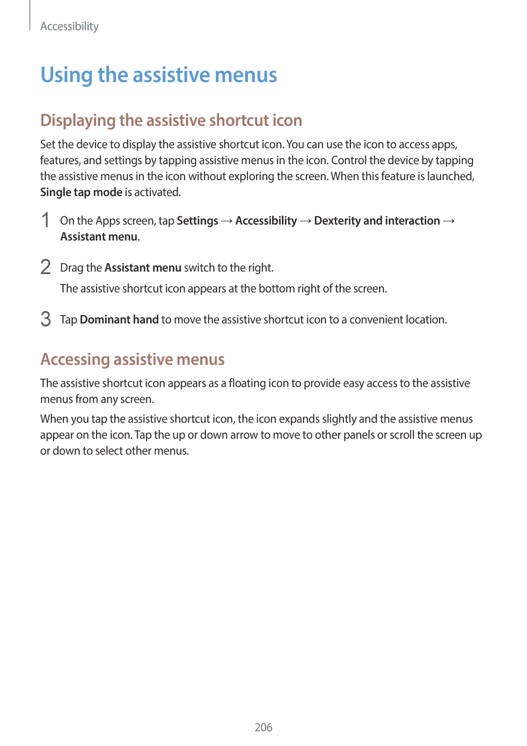 Samsung SM-C1110ZBAXXV manual Using the assistive menus, Displaying the assistive shortcut icon, Accessing assistive menus 