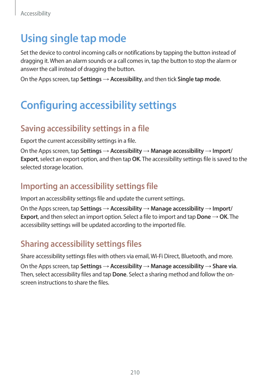 Samsung SM-C1110ZKAXXV Using single tap mode, Configuring accessibility settings, Saving accessibility settings in a file 