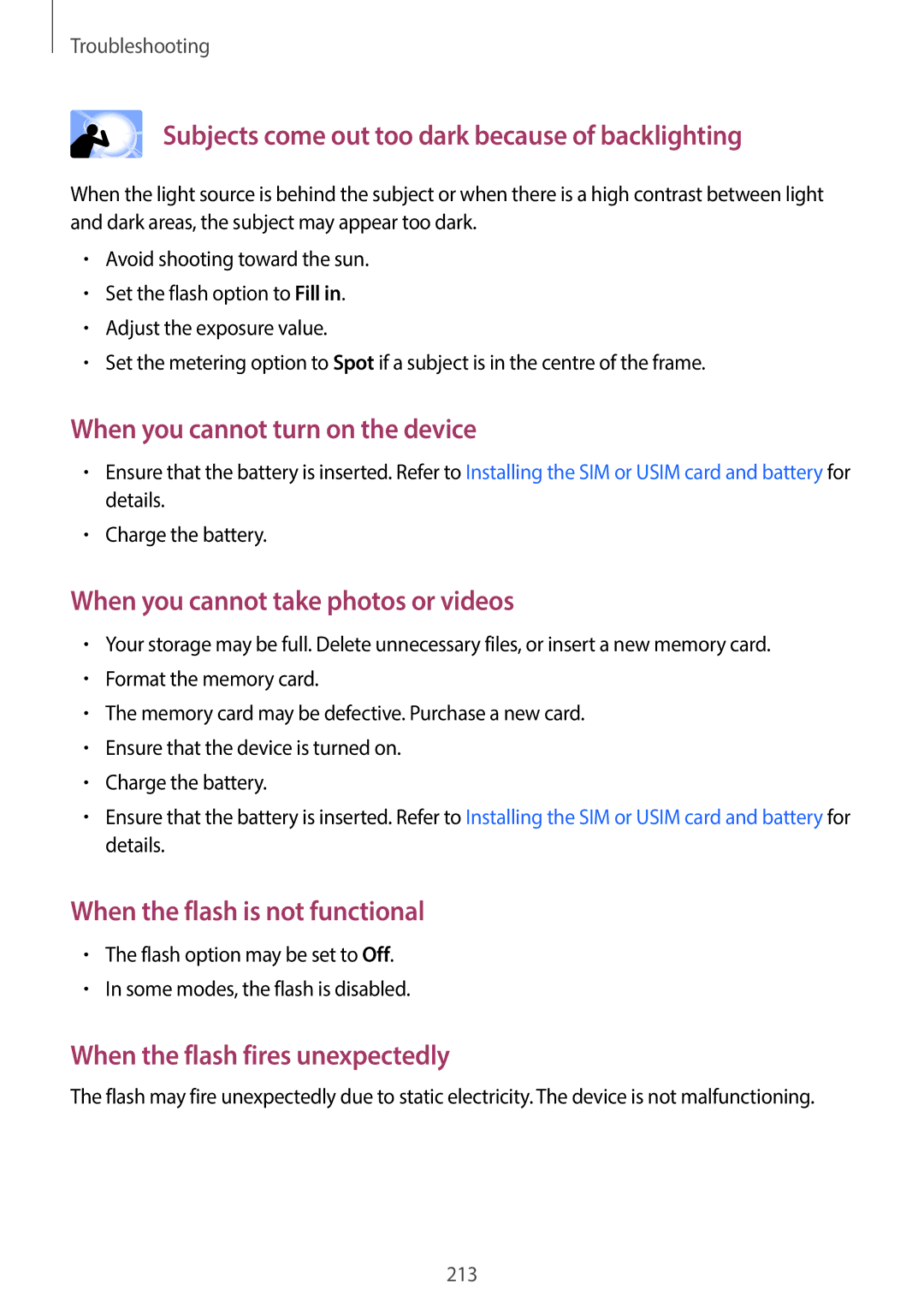Samsung SM-C1110ZKAXXV, SM-C1110ZWAXXV, SM-C1110ZBAXXV manual When the flash is not functional 