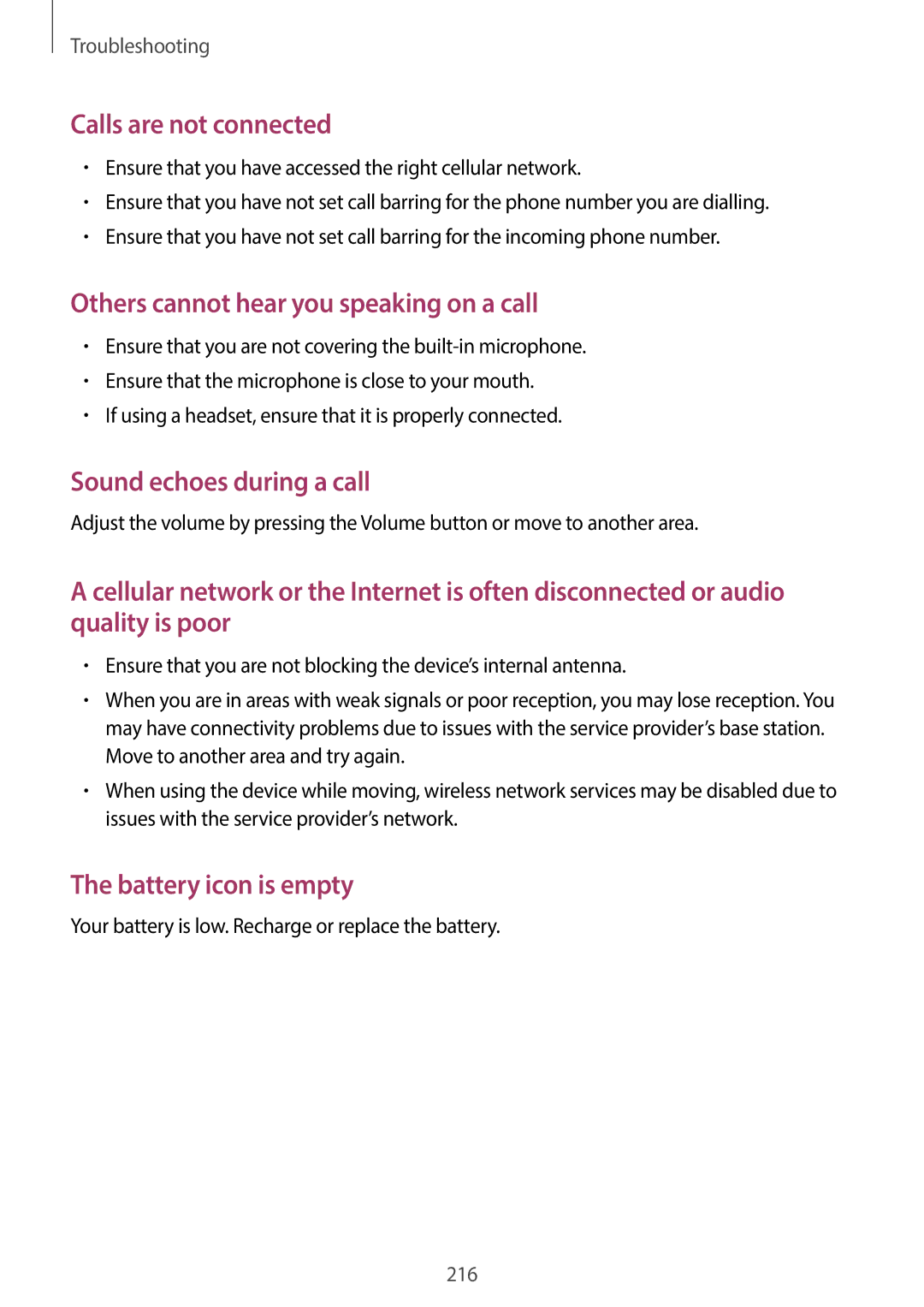 Samsung SM-C1110ZKAXXV, SM-C1110ZWAXXV manual Calls are not connected, Your battery is low. Recharge or replace the battery 