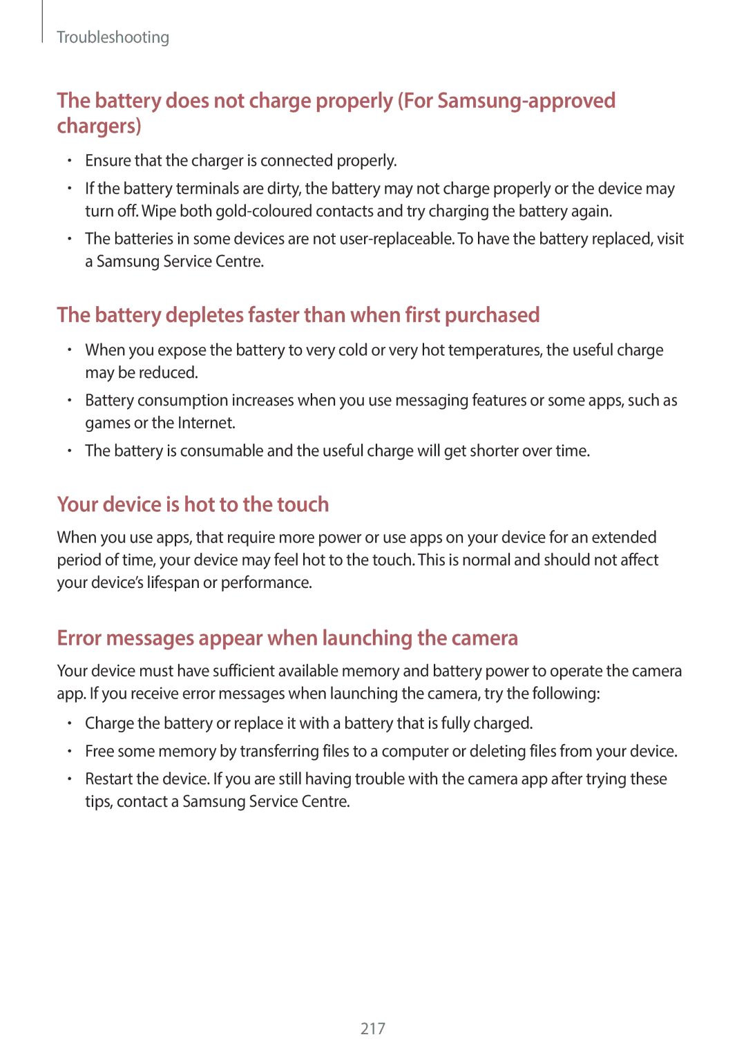 Samsung SM-C1110ZWAXXV Battery depletes faster than when first purchased, Ensure that the charger is connected properly 