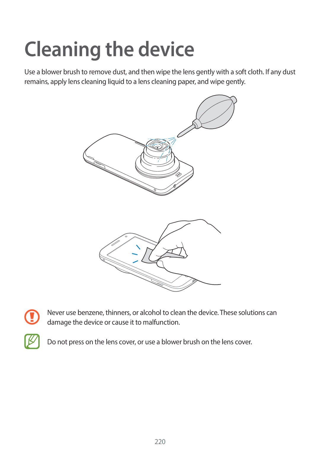 Samsung SM-C1110ZWAXXV, SM-C1110ZKAXXV, SM-C1110ZBAXXV manual Cleaning the device 