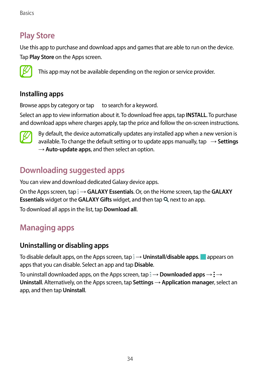 Samsung SM-C1110ZWAXXV manual Play Store, Downloading suggested apps, Managing apps, Uninstalling or disabling apps 