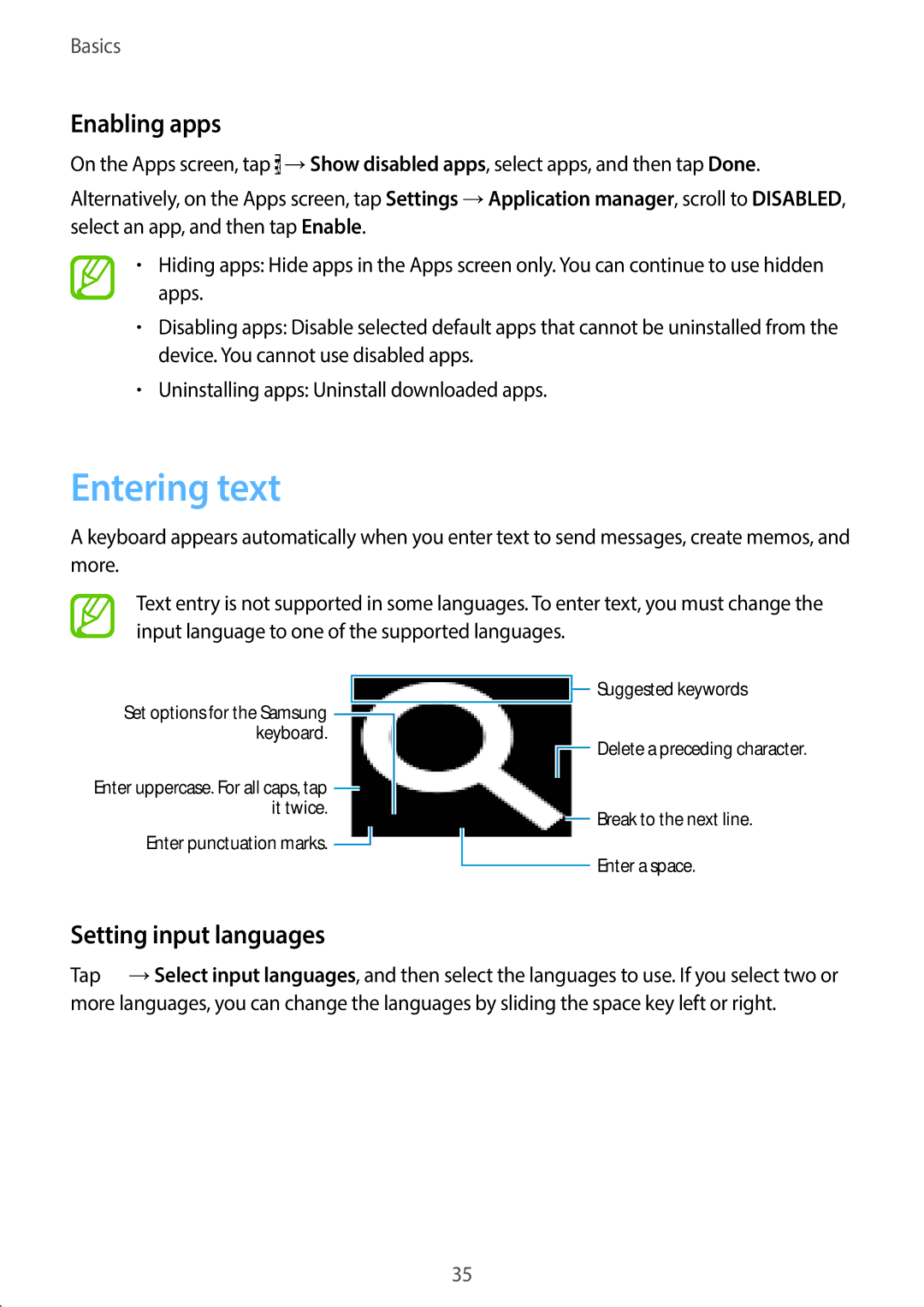 Samsung SM-C1110ZBAXXV, SM-C1110ZKAXXV, SM-C1110ZWAXXV manual Entering text, Enabling apps, Setting input languages 