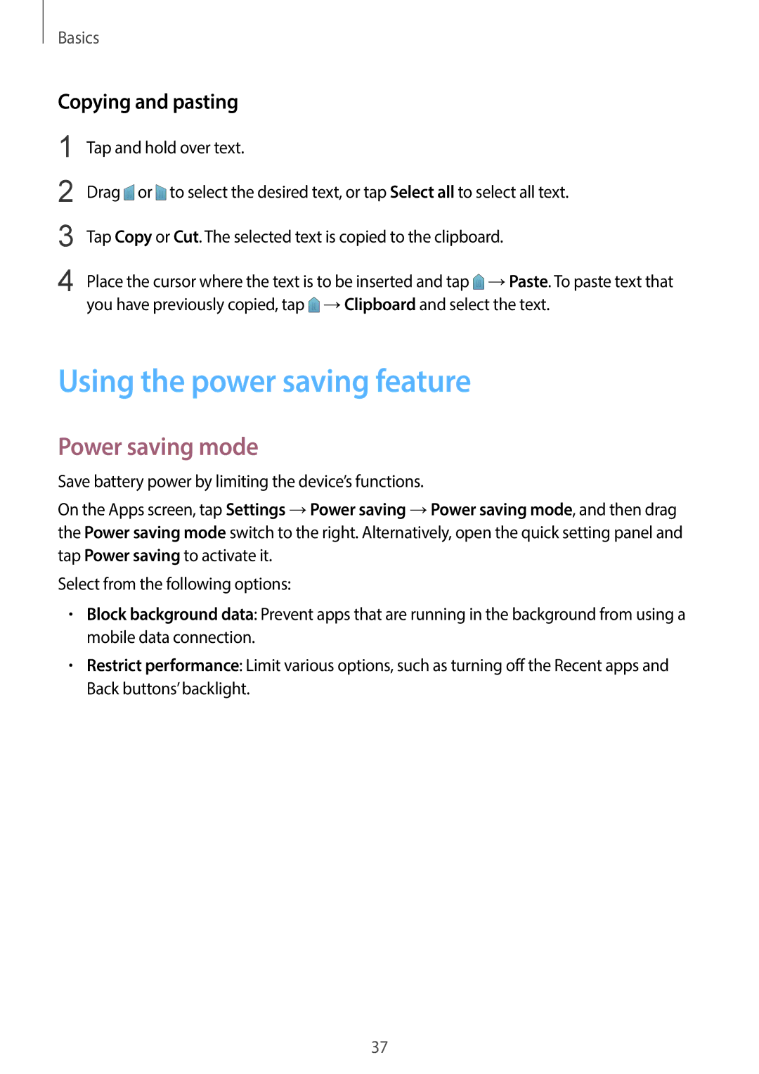 Samsung SM-C1110ZWAXXV, SM-C1110ZKAXXV manual Using the power saving feature, Power saving mode, Copying and pasting 