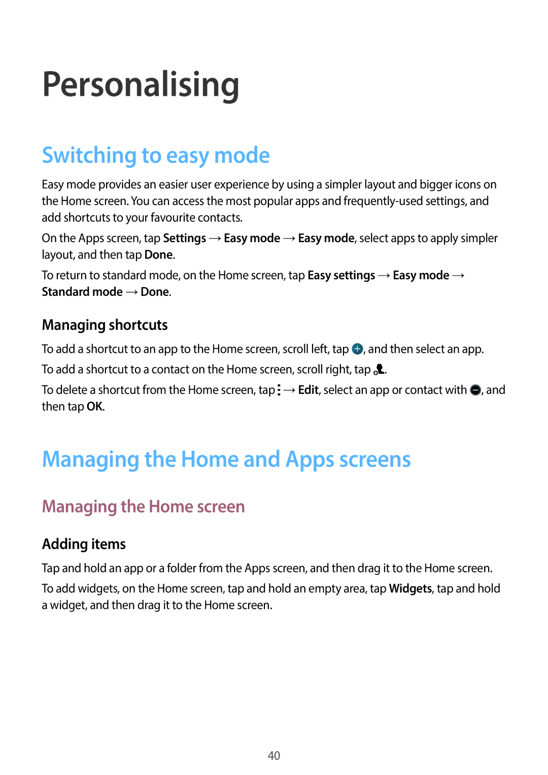 Samsung SM-C1110ZWAXXV Personalising, Switching to easy mode, Managing the Home and Apps screens, Managing the Home screen 