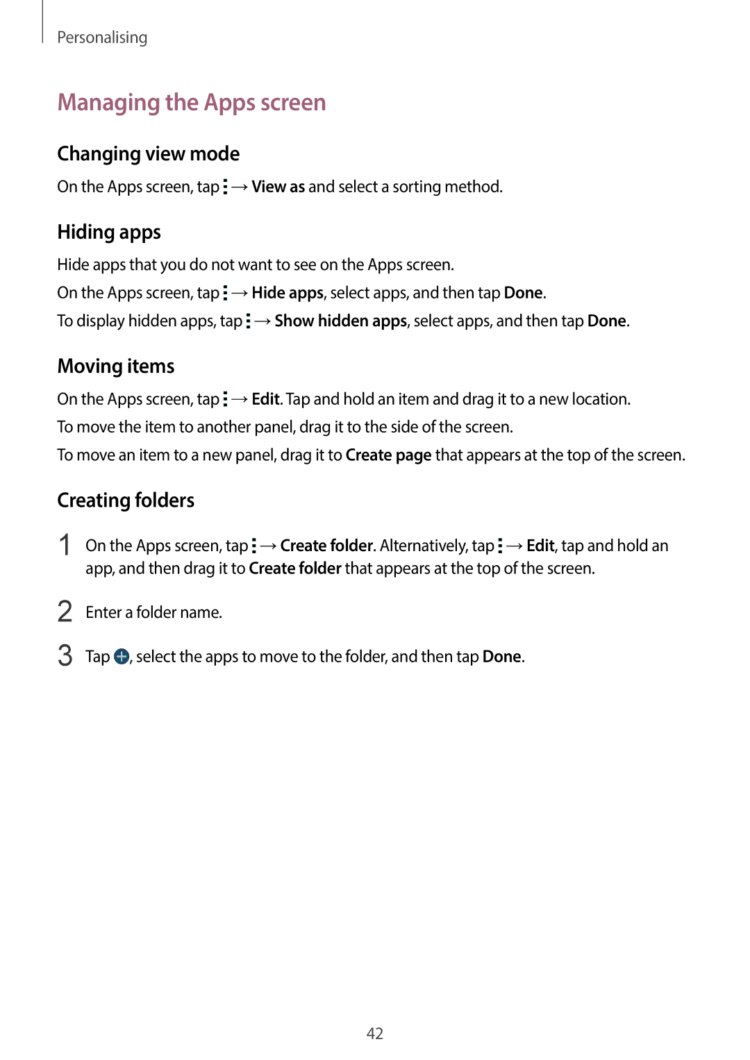 Samsung SM-C1110ZKAXXV manual Managing the Apps screen, Changing view mode, Hiding apps, Moving items, Creating folders 