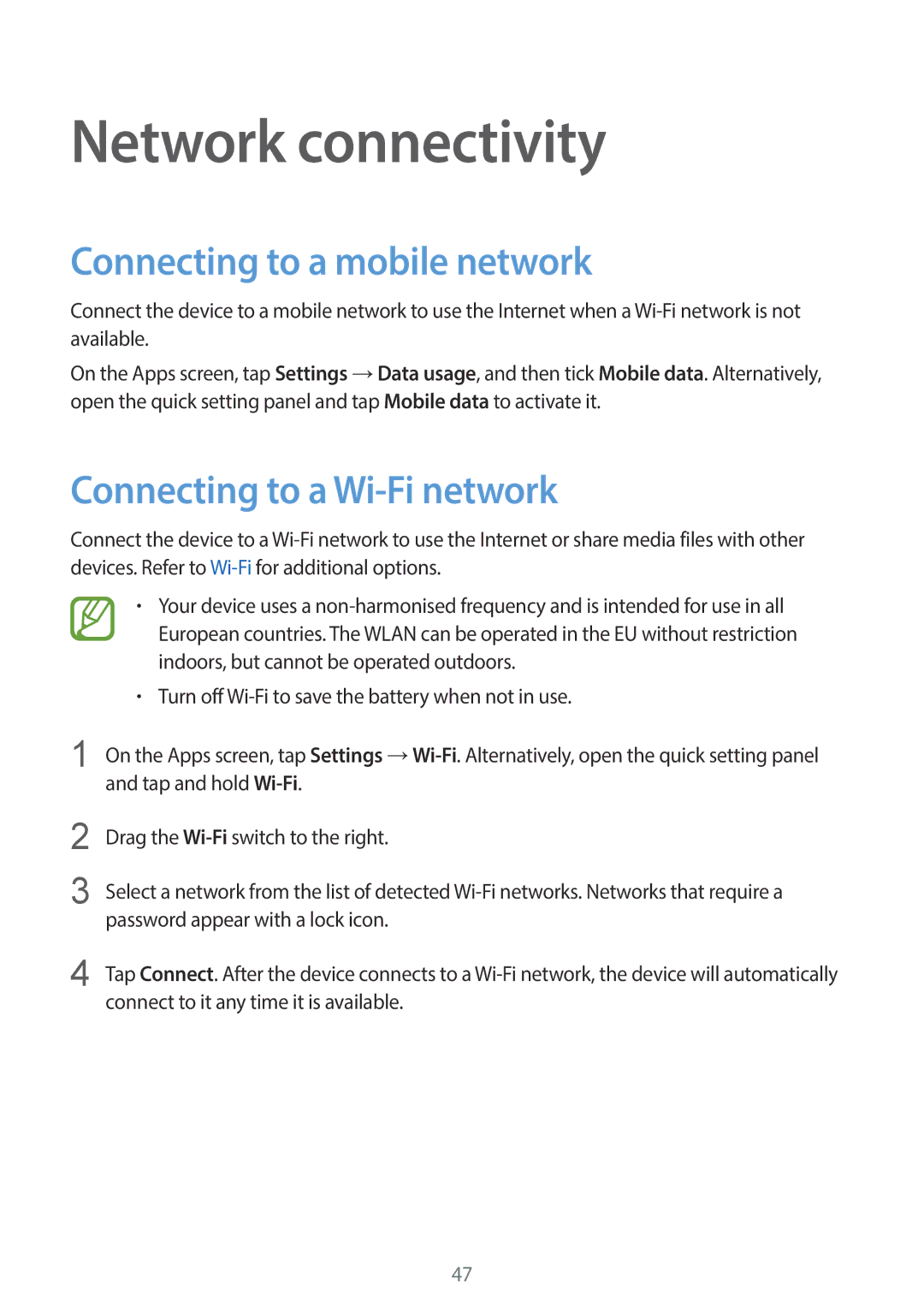 Samsung SM-C1110ZBAXXV, SM-C1110ZKAXXV Network connectivity, Connecting to a mobile network, Connecting to a Wi-Fi network 