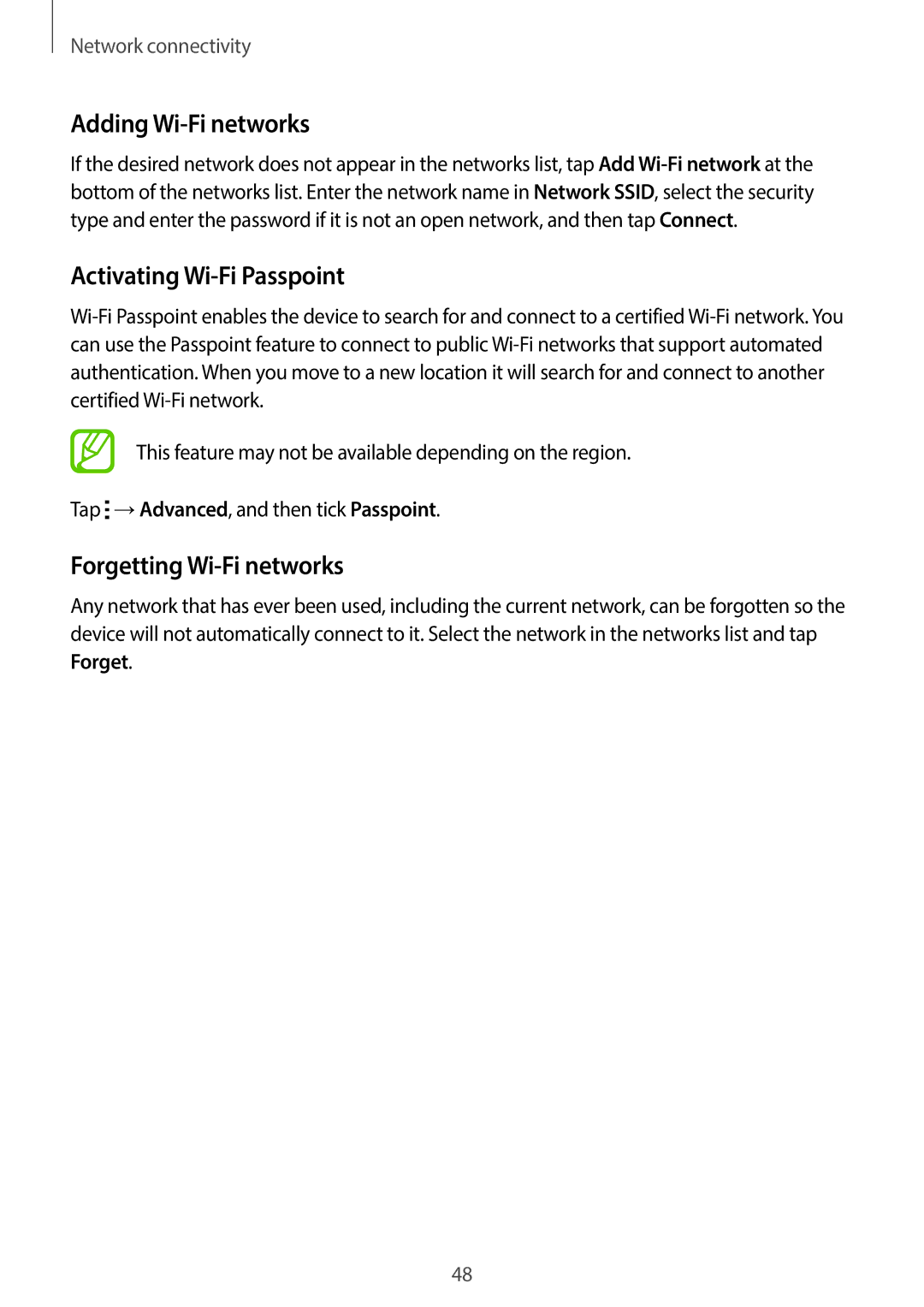 Samsung SM-C1110ZKAXXV, SM-C1110ZWAXXV manual Adding Wi-Fi networks, Activating Wi-Fi Passpoint, Forgetting Wi-Fi networks 