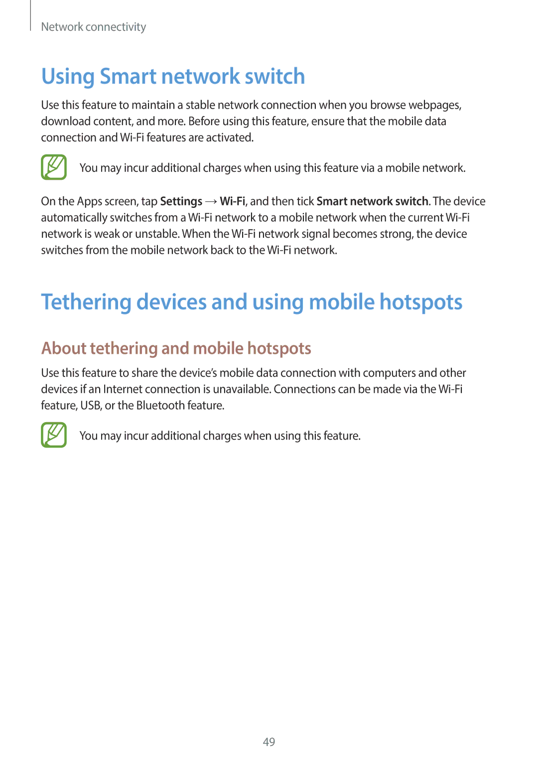 Samsung SM-C1110ZWAXXV, SM-C1110ZKAXXV manual Using Smart network switch, Tethering devices and using mobile hotspots 