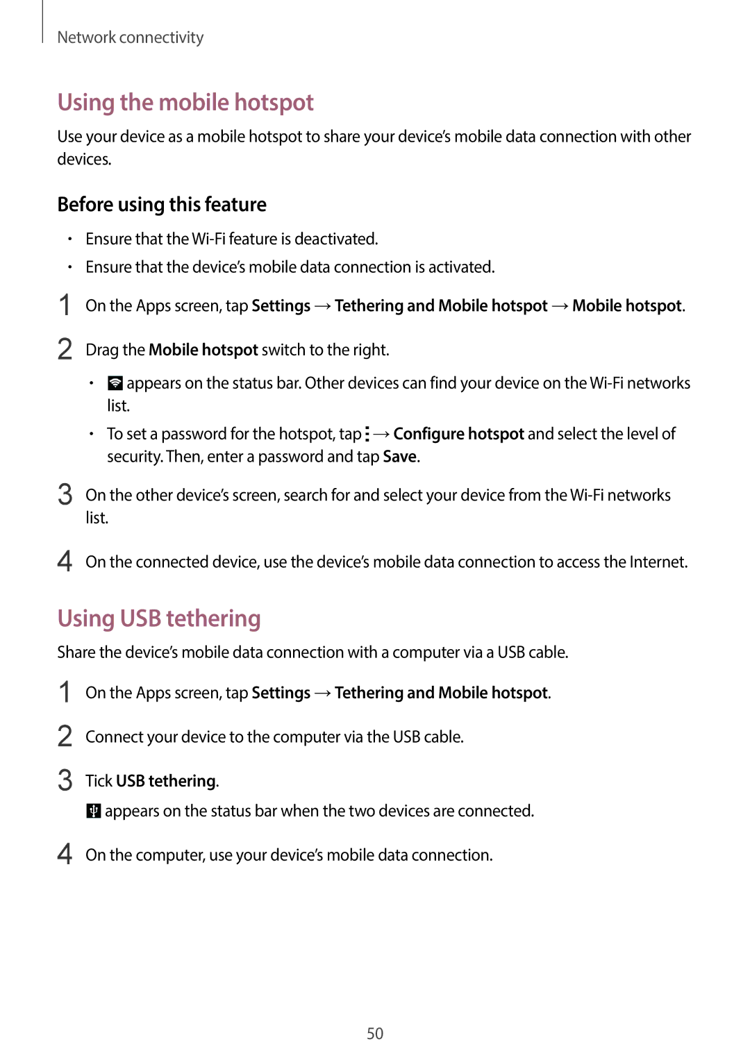 Samsung SM-C1110ZBAXXV, SM-C1110ZKAXXV manual Using the mobile hotspot, Using USB tethering, Before using this feature, List 