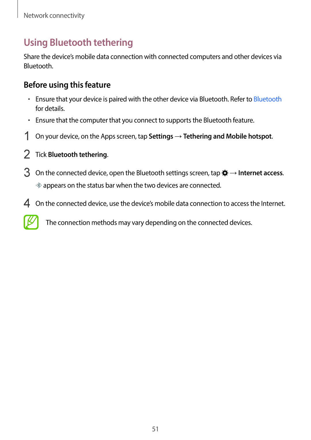 Samsung SM-C1110ZKAXXV, SM-C1110ZWAXXV, SM-C1110ZBAXXV manual Using Bluetooth tethering, Tick Bluetooth tethering 