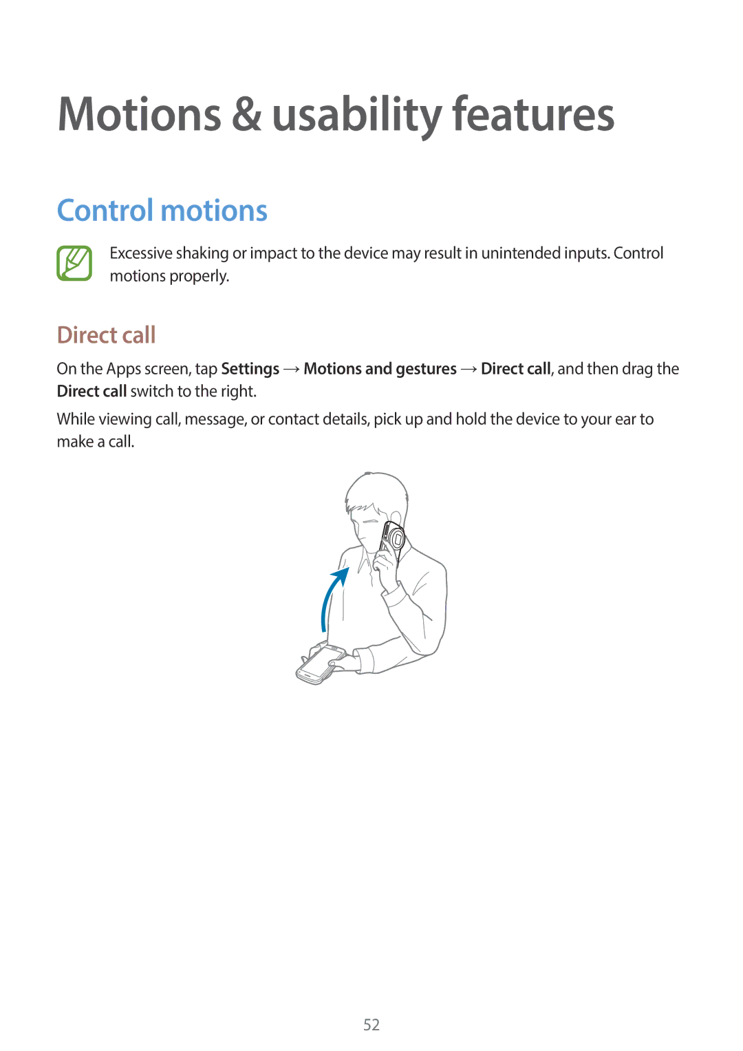 Samsung SM-C1110ZWAXXV, SM-C1110ZKAXXV, SM-C1110ZBAXXV manual Motions & usability features, Control motions, Direct call 