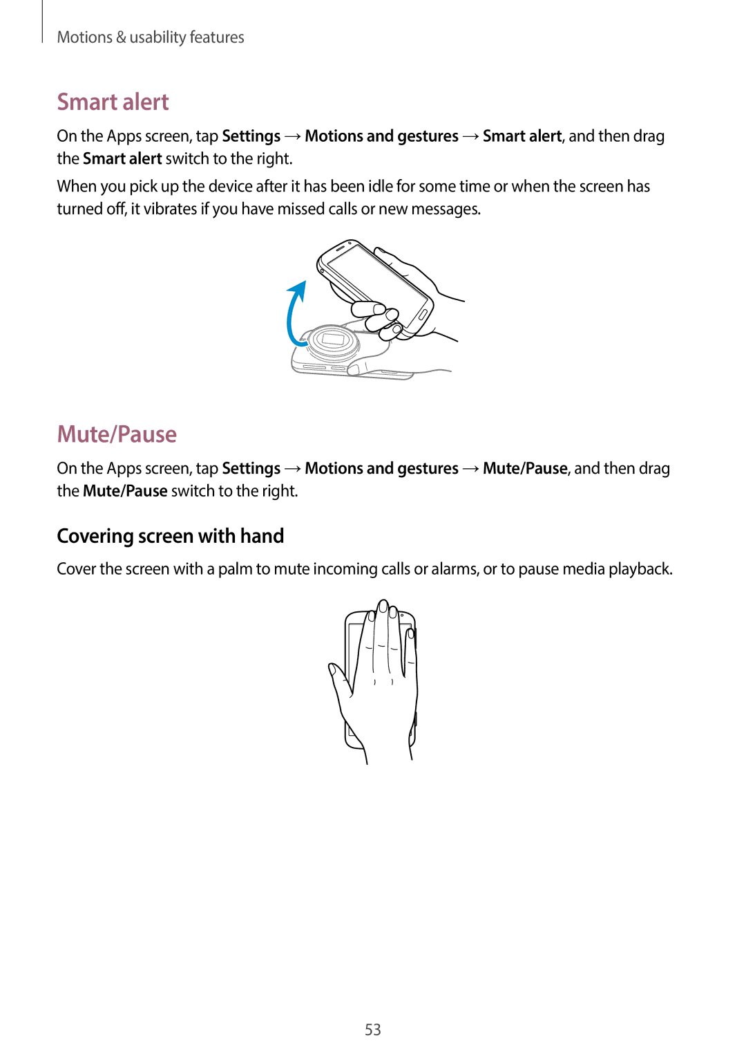 Samsung SM-C1110ZBAXXV, SM-C1110ZKAXXV, SM-C1110ZWAXXV manual Smart alert, Mute/Pause, Covering screen with hand 