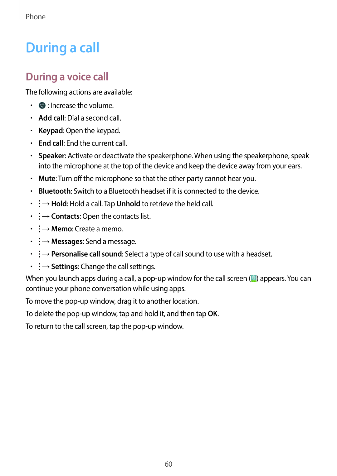 Samsung SM-C1110ZKAXXV, SM-C1110ZWAXXV, SM-C1110ZBAXXV manual During a call, During a voice call 