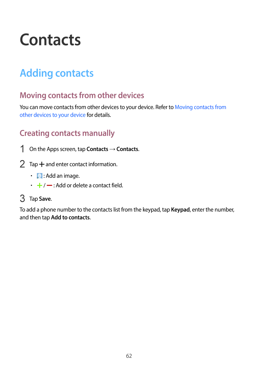 Samsung SM-C1110ZBAXXV Contacts, Adding contacts, Moving contacts from other devices, Creating contacts manually 