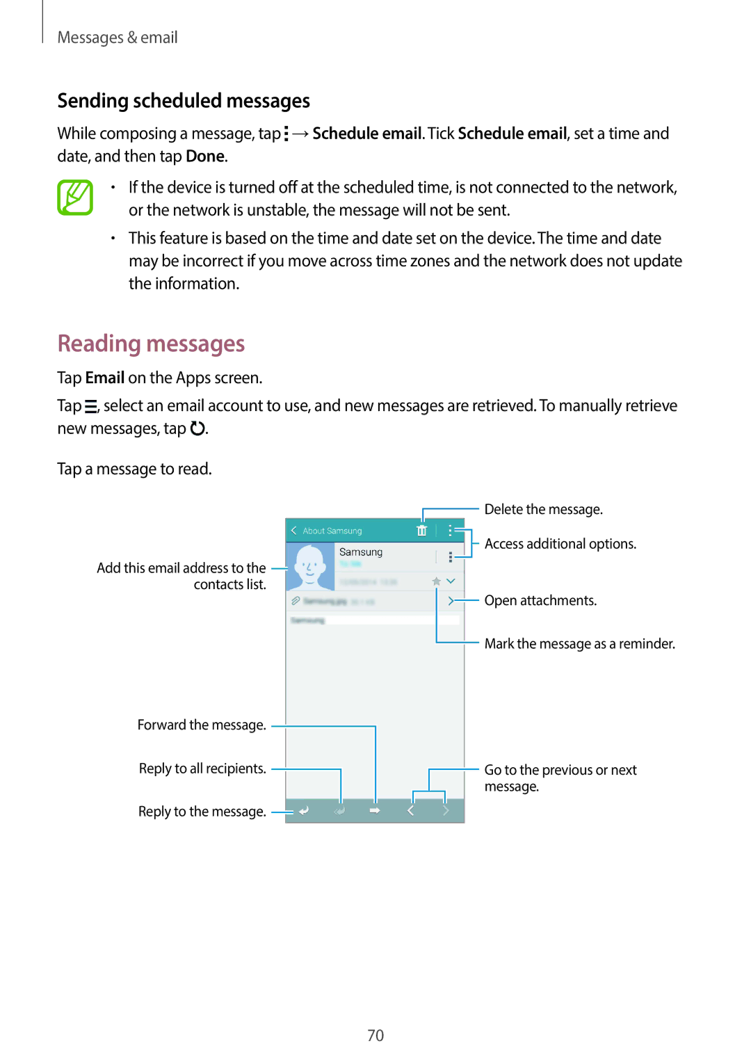 Samsung SM-C1110ZWAXXV, SM-C1110ZKAXXV, SM-C1110ZBAXXV manual Reading messages, Sending scheduled messages 