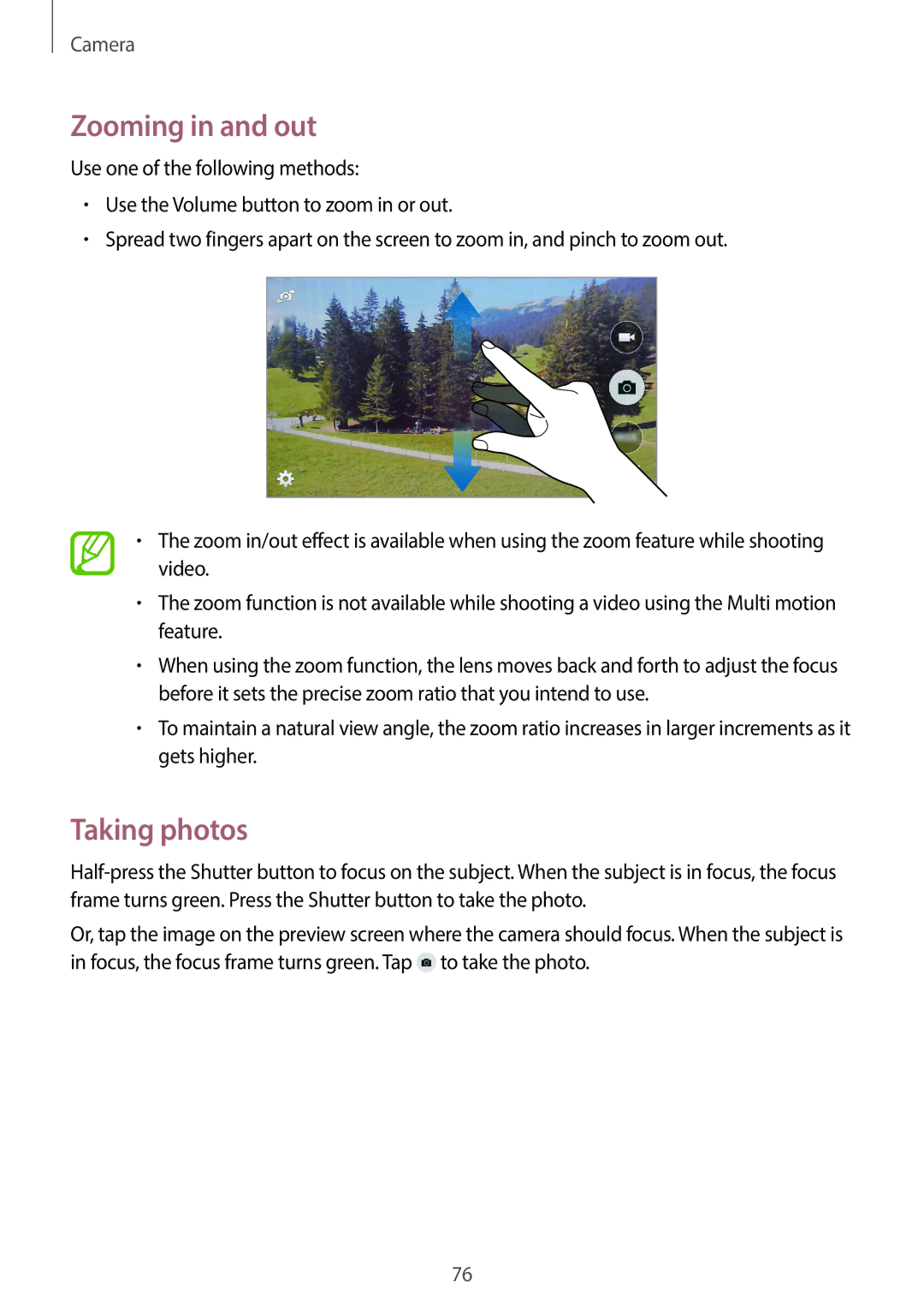 Samsung SM-C1110ZWAXXV, SM-C1110ZKAXXV, SM-C1110ZBAXXV manual Zooming in and out, Taking photos 