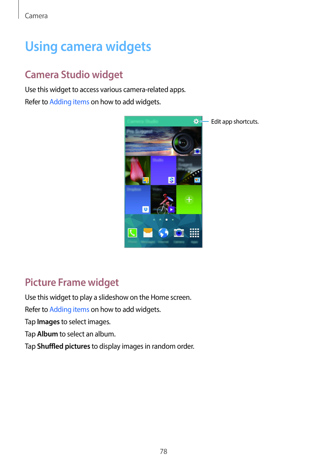 Samsung SM-C1110ZKAXXV, SM-C1110ZWAXXV, SM-C1110ZBAXXV Using camera widgets, Camera Studio widget, Picture Frame widget 