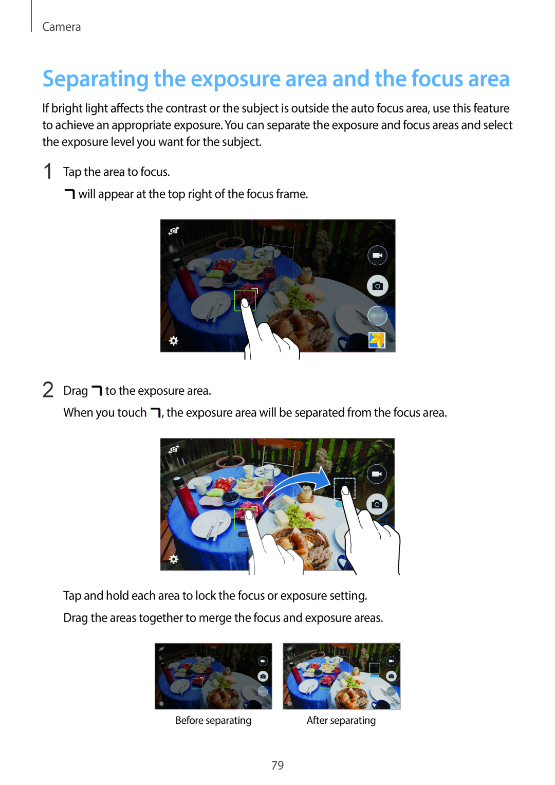 Samsung SM-C1110ZWAXXV, SM-C1110ZKAXXV, SM-C1110ZBAXXV manual Separating the exposure area and the focus area 