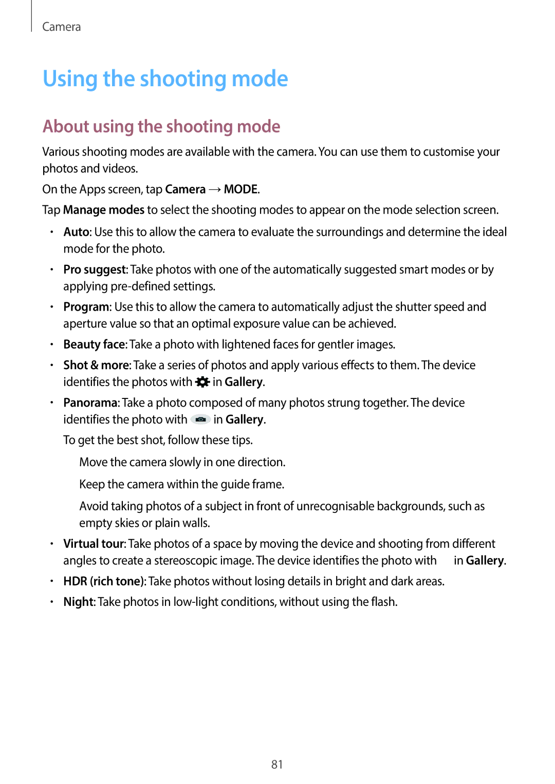 Samsung SM-C1110ZKAXXV, SM-C1110ZWAXXV, SM-C1110ZBAXXV manual Using the shooting mode, About using the shooting mode 