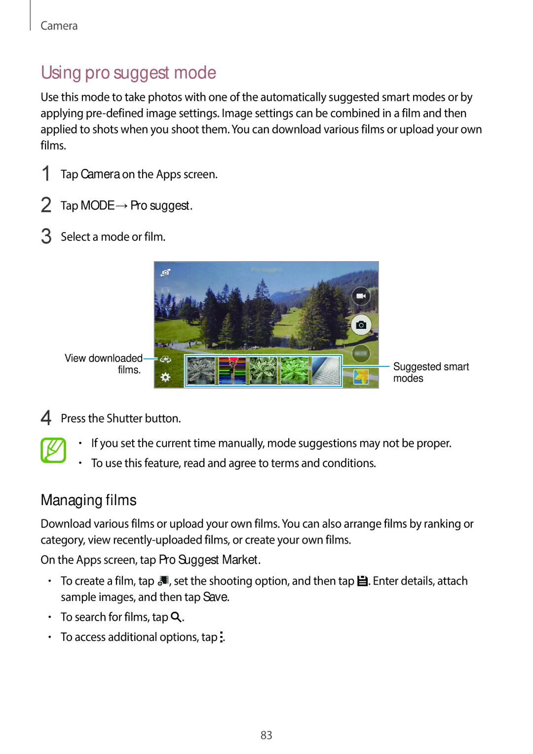 Samsung SM-C1110ZBAXXV manual Using pro suggest mode, Managing films, Tap Mode →Pro suggest, Select a mode or film 