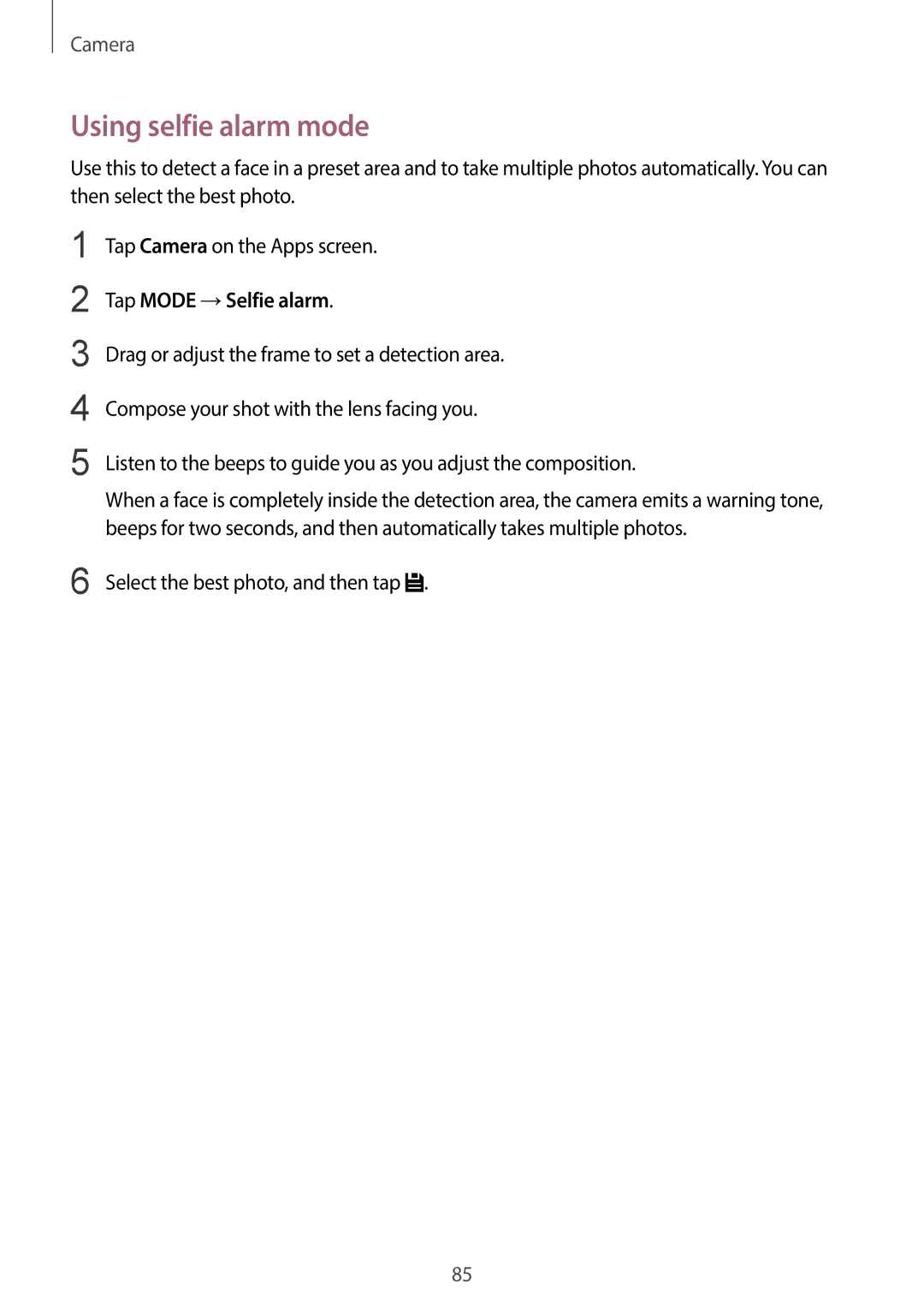 Samsung SM-C1110ZWAXXV manual Using selfie alarm mode, Tap Mode →Selfie alarm, Select the best photo, and then tap 