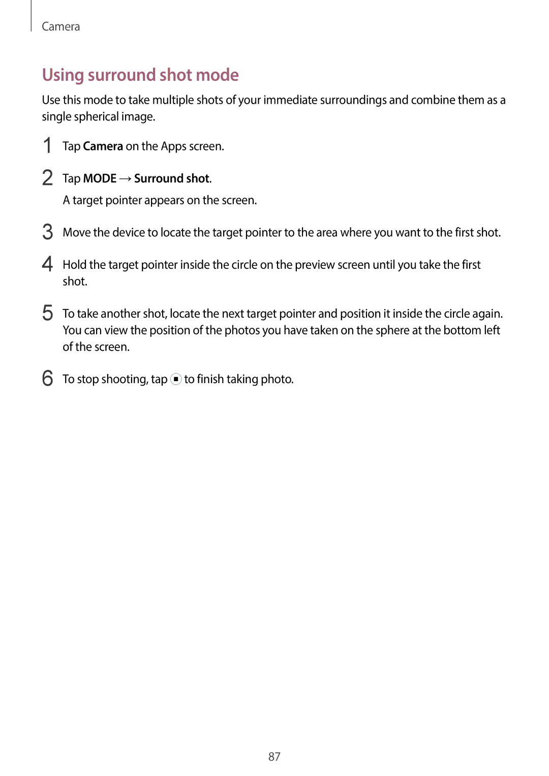 Samsung SM-C1110ZKAXXV manual Using surround shot mode, Tap Mode →Surround shot, Target pointer appears on the screen 