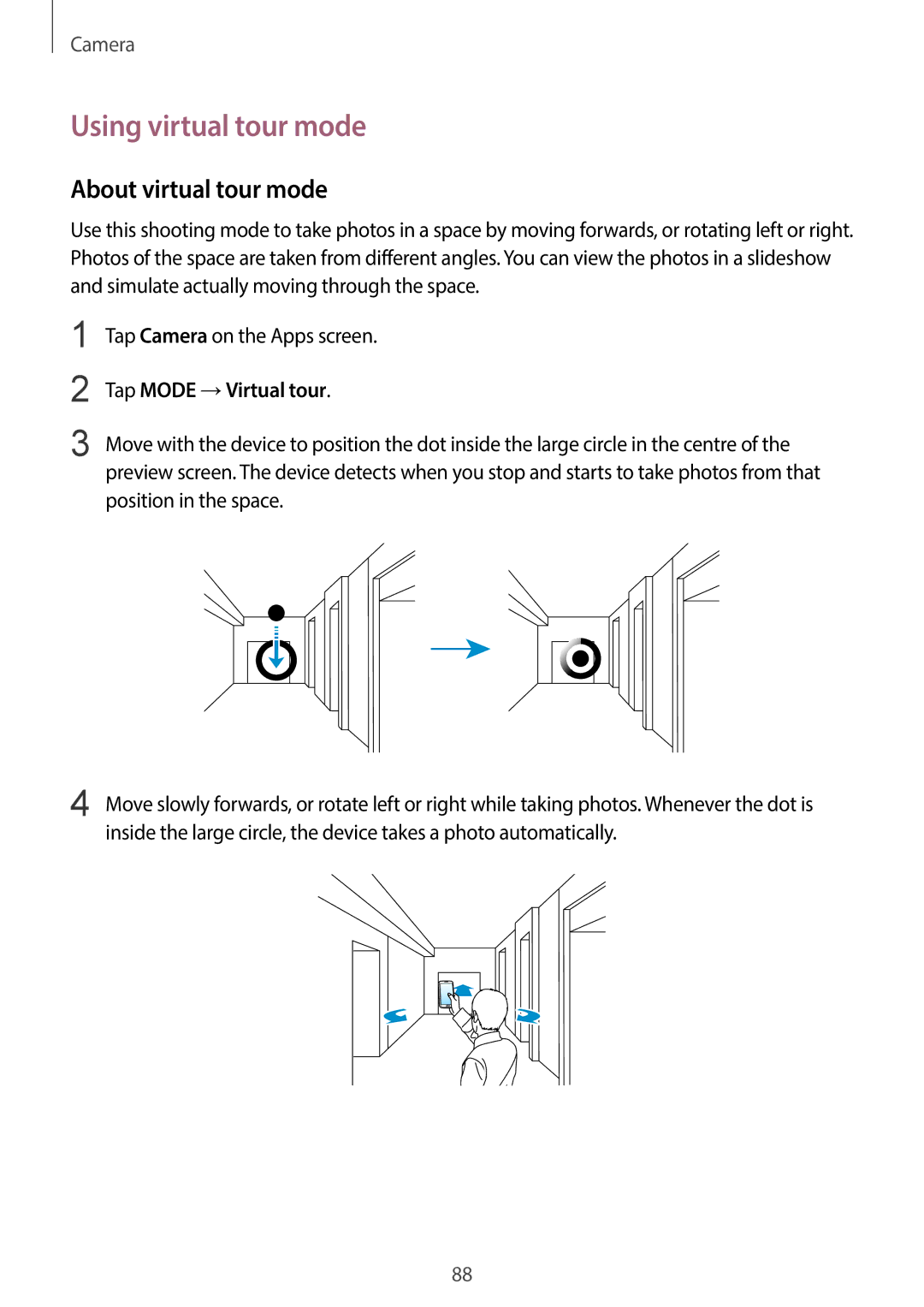 Samsung SM-C1110ZWAXXV, SM-C1110ZKAXXV manual Using virtual tour mode, About virtual tour mode, Tap Mode →Virtual tour 