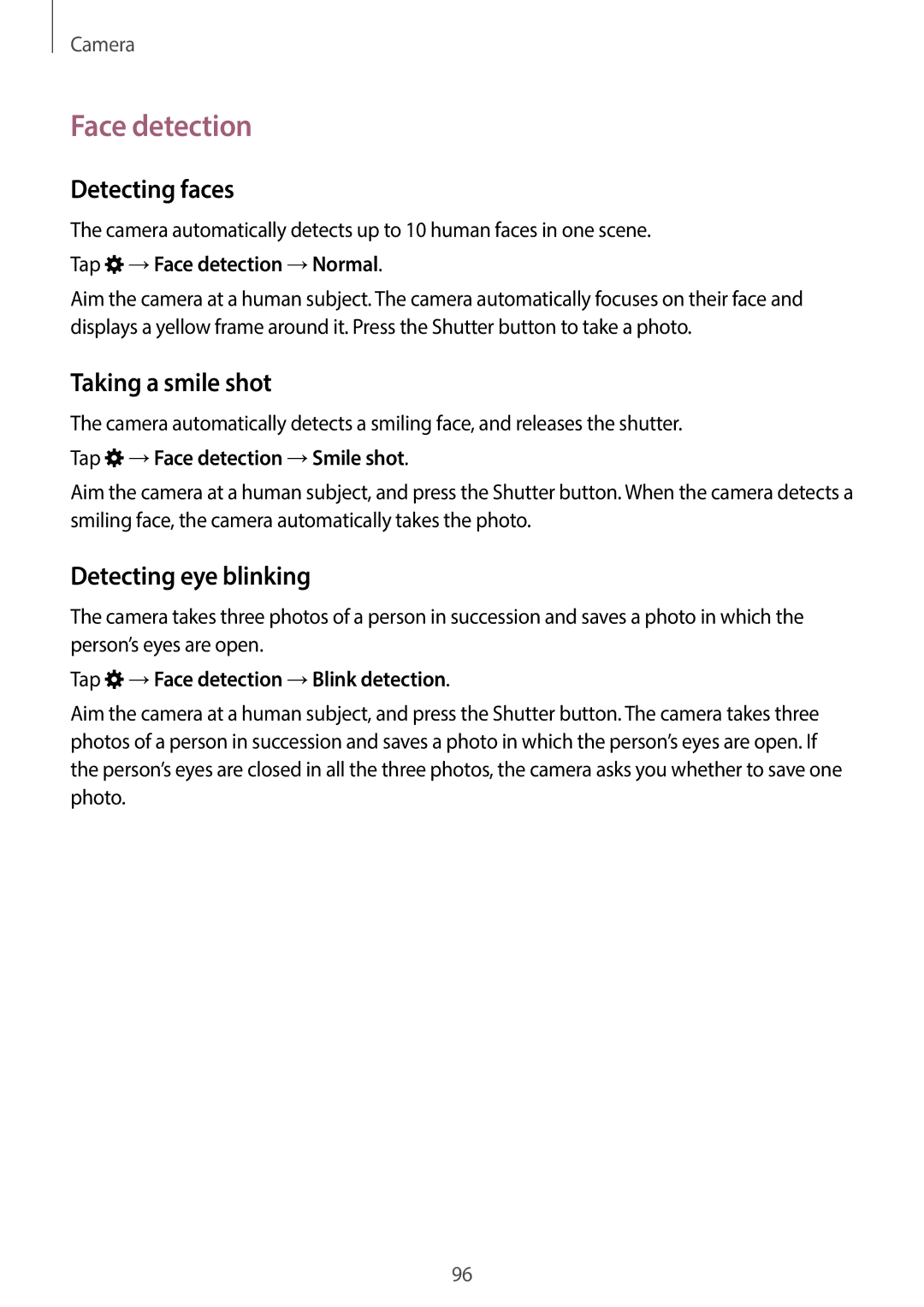 Samsung SM-C1110ZKAXXV, SM-C1110ZWAXXV manual Face detection, Detecting faces, Taking a smile shot, Detecting eye blinking 