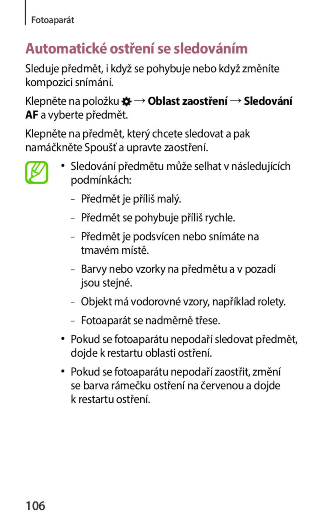 Samsung SM-C1150ZKAATO, SM-C1150ZKAEUR, SM-C1150ZBAXEH, SM-C1150ZKAXSK, SM-C1150ZWAATO Automatické ostření se sledováním, 106 