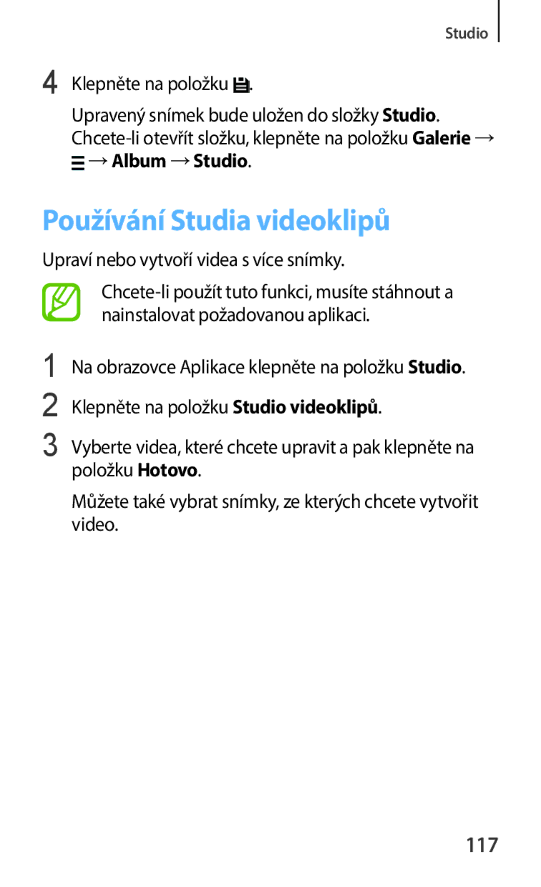 Samsung SM-C1150ZKAEUR, SM-C1150ZBAXEH manual Používání Studia videoklipů, 117, Upraví nebo vytvoří videa s více snímky 