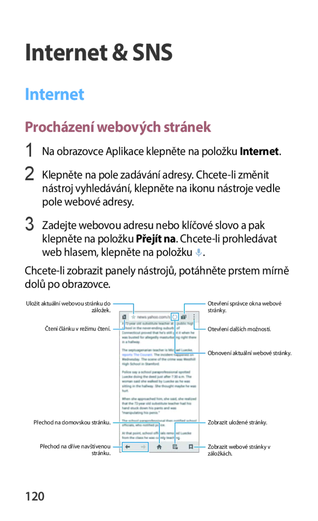 Samsung SM-C1150ZKAXSK, SM-C1150ZKAEUR, SM-C1150ZBAXEH, SM-C1150ZKAATO manual Internet & SNS, Procházení webových stránek, 120 