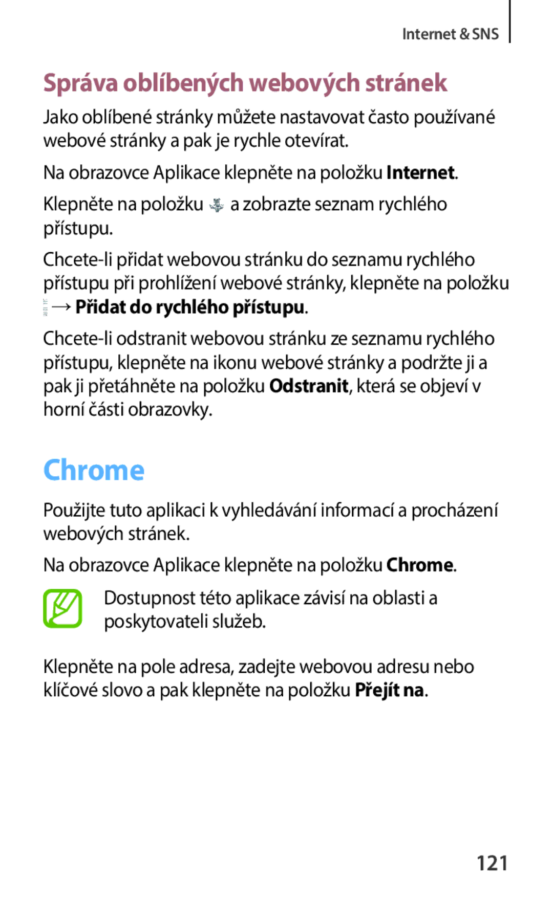 Samsung SM-C1150ZWAATO, SM-C1150ZKAEUR, SM-C1150ZBAXEH, SM-C1150ZKAATO manual Chrome, Správa oblíbených webových stránek, 121 