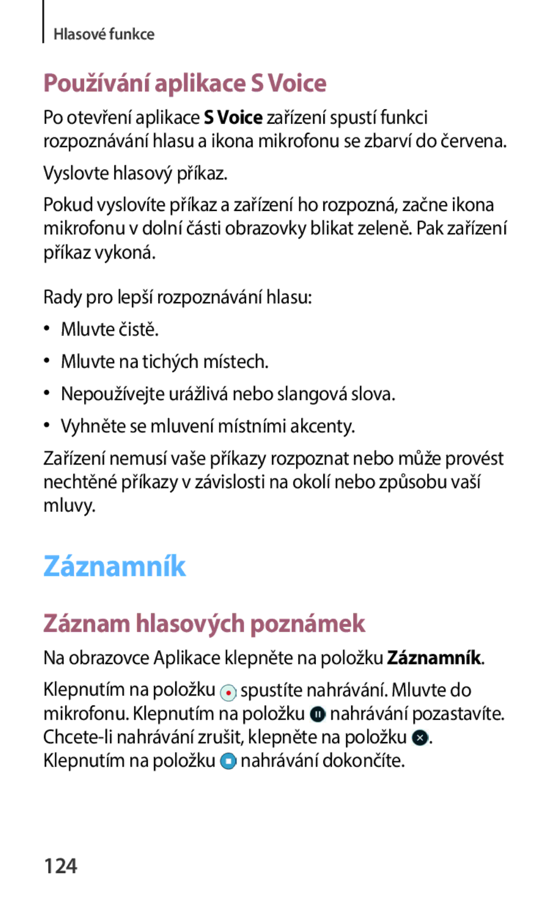 Samsung SM-C1150ZWAXEH, SM-C1150ZKAEUR manual Záznamník, Používání aplikace S Voice, Záznam hlasových poznámek, 124 