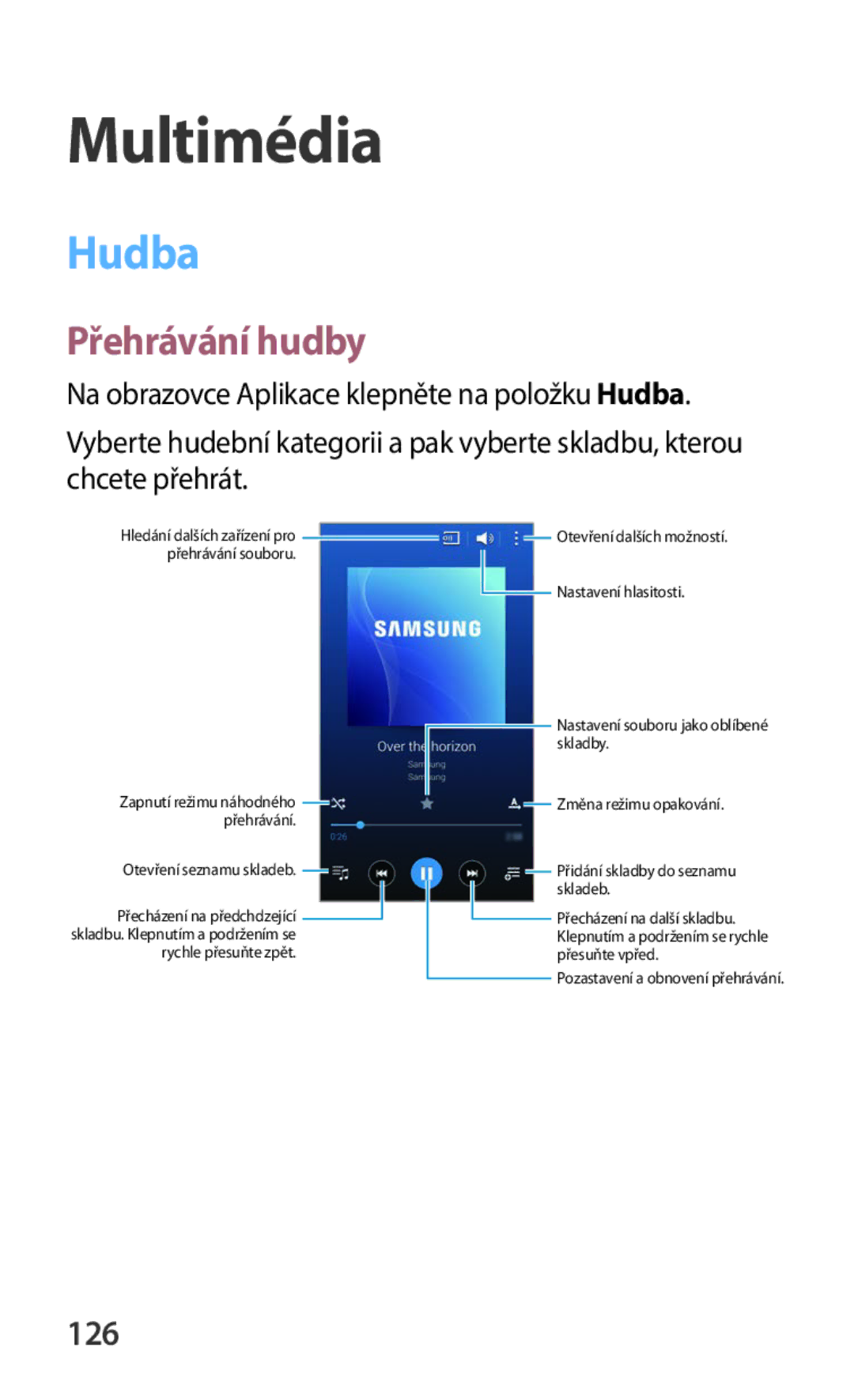 Samsung SM-C1150ZWAXEZ, SM-C1150ZKAEUR, SM-C1150ZBAXEH, SM-C1150ZKAATO manual Multimédia, Hudba, Přehrávání hudby, 126 