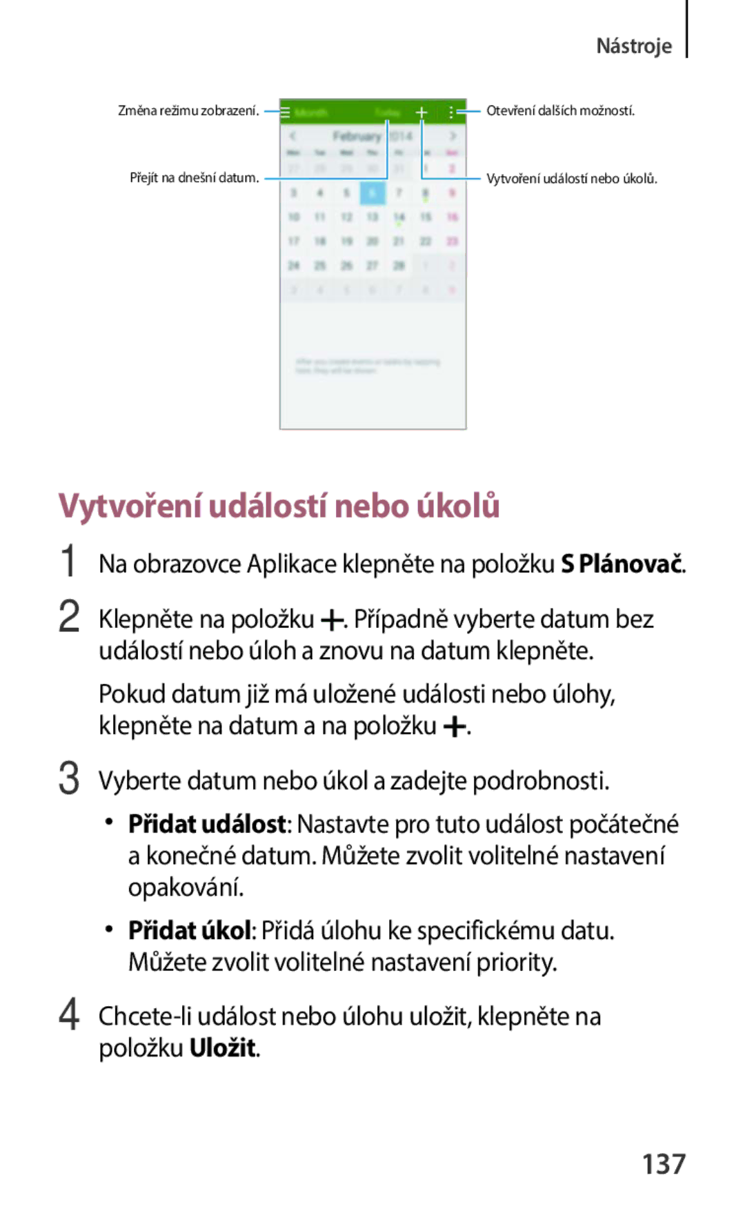 Samsung SM-C1150ZWAXEH, SM-C1150ZKAEUR, SM-C1150ZBAXEH, SM-C1150ZKAATO, SM-C1150ZKAXSK Vytvoření událostí nebo úkolů, 137 