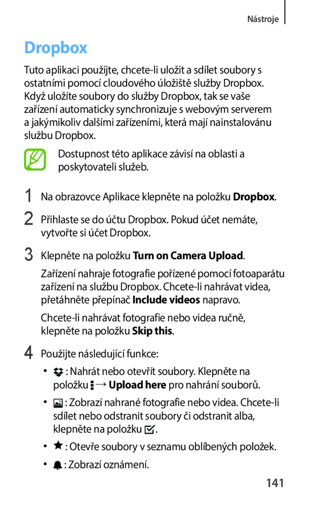 Samsung SM-C1150ZKAXEZ, SM-C1150ZKAEUR, SM-C1150ZBAXEH manual Dropbox, 141, Použijte následující funkce, Zobrazí oznámení 