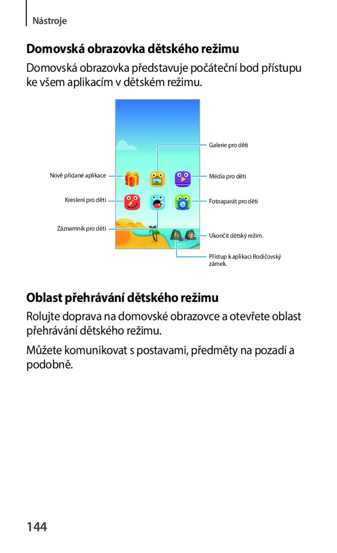 Samsung SM-C1150ZBAXEH, SM-C1150ZKAEUR manual Domovská obrazovka dětského režimu, Oblast přehrávání dětského režimu, 144 