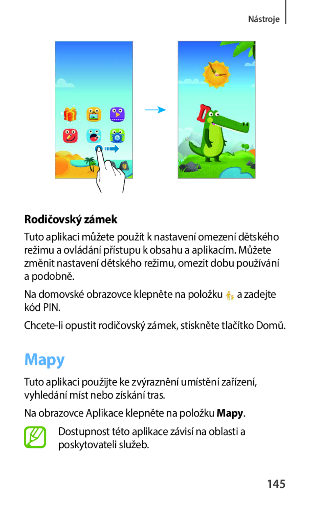 Samsung SM-C1150ZKAATO manual Mapy, Rodičovský zámek, 145, Na domovské obrazovce klepněte na položku a zadejte kód PIN 