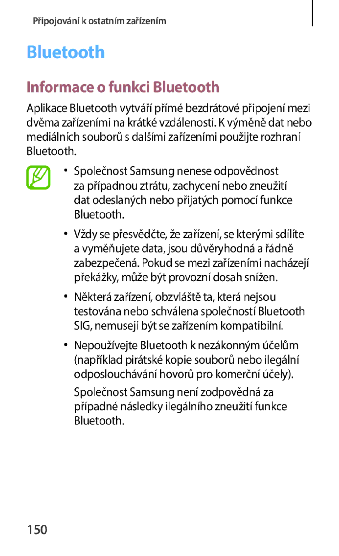 Samsung SM-C1150ZWAXEH, SM-C1150ZKAEUR, SM-C1150ZBAXEH, SM-C1150ZKAATO, SM-C1150ZKAXSK manual Informace o funkci Bluetooth 