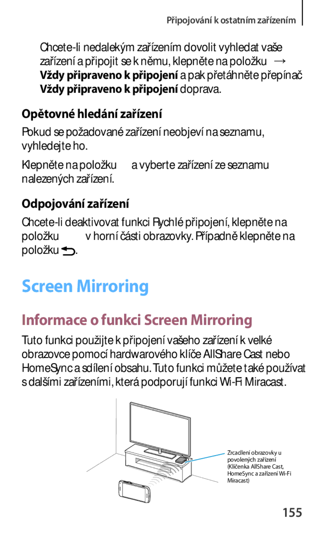 Samsung SM-C1150ZKAXEH manual Informace o funkci Screen Mirroring, Opětovné hledání zařízení, Odpojování zařízení, 155 