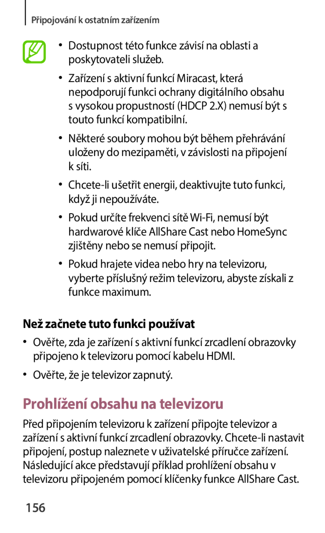 Samsung SM-C1150ZKAEUR, SM-C1150ZBAXEH manual Prohlížení obsahu na televizoru, 156, Ověřte, že je televizor zapnutý 