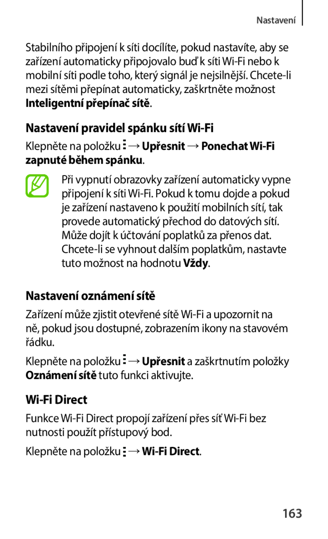 Samsung SM-C1150ZWAXEH, SM-C1150ZKAEUR Nastavení pravidel spánku sítí Wi-Fi, Nastavení oznámení sítě, Wi-Fi Direct, 163 