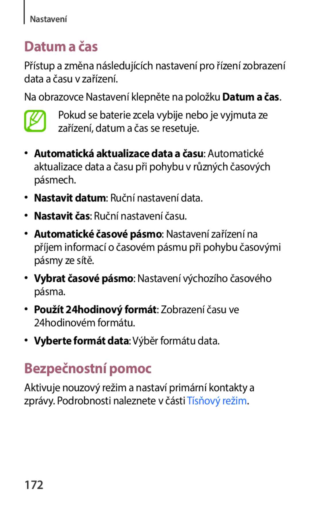 Samsung SM-C1150ZKAXSK, SM-C1150ZKAEUR manual Datum a čas, Bezpečnostní pomoc, 172, Vyberte formát data Výběr formátu data 