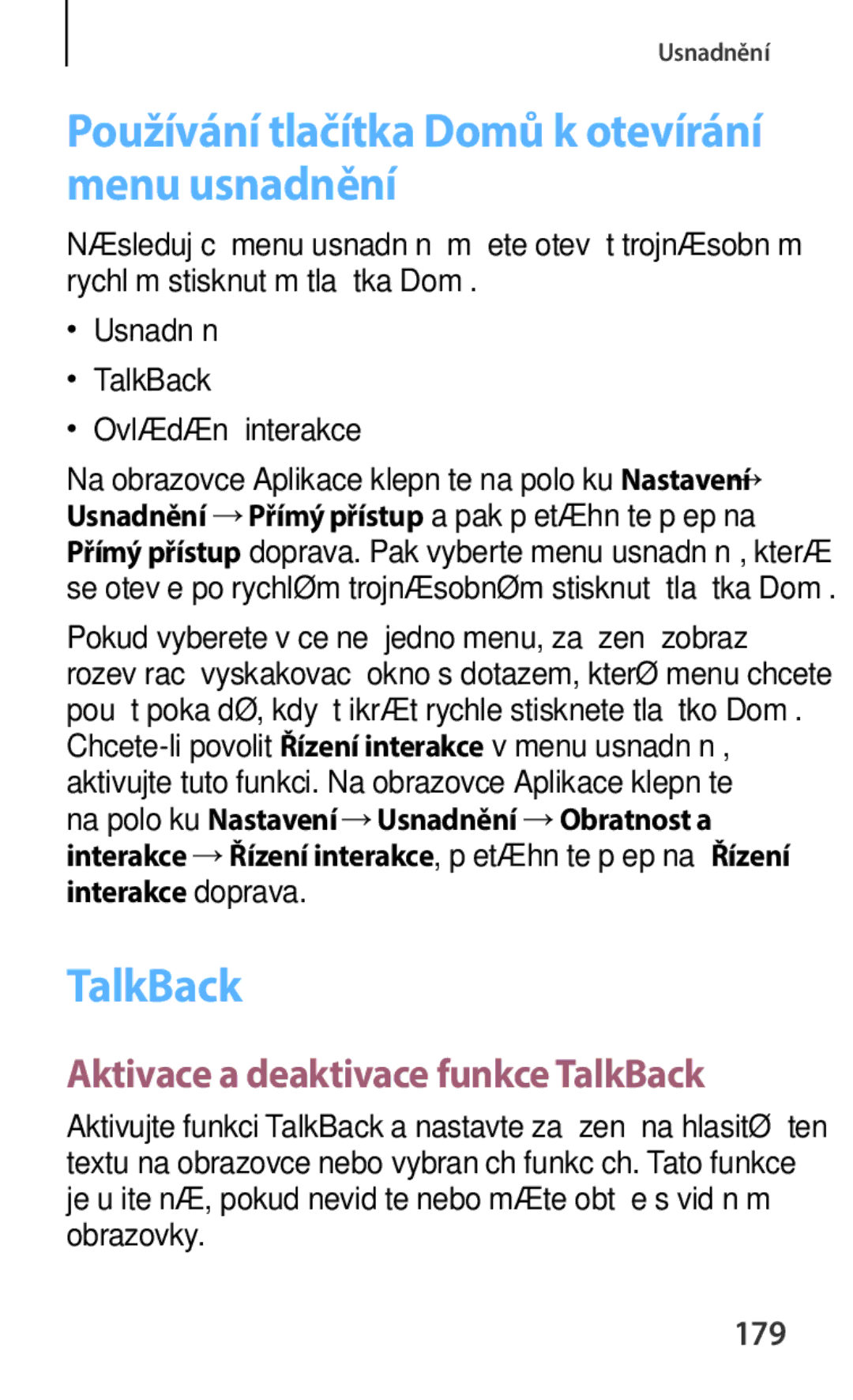 Samsung SM-C1150ZBAEUR Používání tlačítka Domů k otevírání menu usnadnění, Aktivace a deaktivace funkce TalkBack, 179 